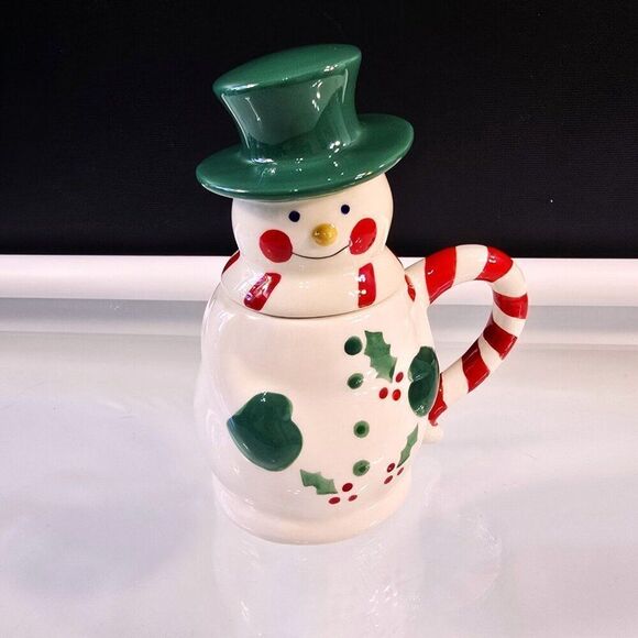 Snowman Mug With Green Hat Lid Temptations Presentable Ovenware By Tara Ceramic - Picture 2 of 8